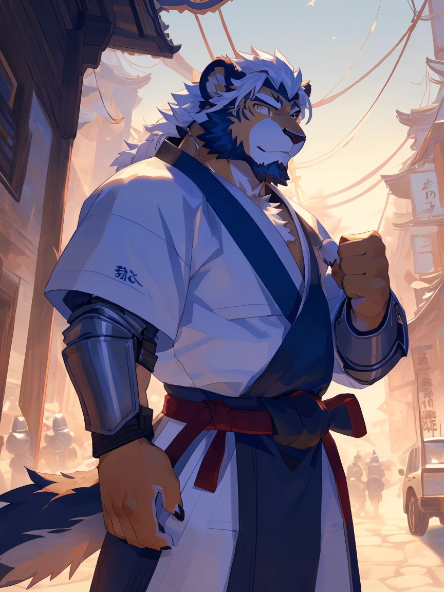 (White skinlion),(上Half Body赤膊:1.7),(Martial Arts衣服:1.4),(Holding a long sword),(Great posture),Standing quietly,(The background is a city full of ancient atmosphere，There are many busy vendors in the city:1.5),(abdominal muscles),Heroic Stance飒爽,完美的masterpiece,Various facial details,close up视图,specific description,masterpiece,(CG),(Golden Eyes),White pattern,White tail,General,Heroic Stance,lion,White fur，Specific facial details,Half Body,(黑白阴阳General战履),(Chang Ling),((middle aged)),(Face Focus),(16K),(HD),White belly，temple，beard,(Facial lines),(Different students,),(White hair),(Strong:1.2),(muscle:1.3),(high resolution:1.3),(close up),(Delicate face:1.5)，Perfect details,(Half Body),(Facial details:1.5),(Zoom in on the face:1.5),(白色Facial lines:1.2),(黑色beard:1.3),(white face:1.6),(White body),(White skin,black strips:1.3),(Fair cheeks:1.5),(White facial complexion:1.3),CG,(The smell of quackery:1.3),(Martial Arts:1.5),(knight:1.5),(Practical)