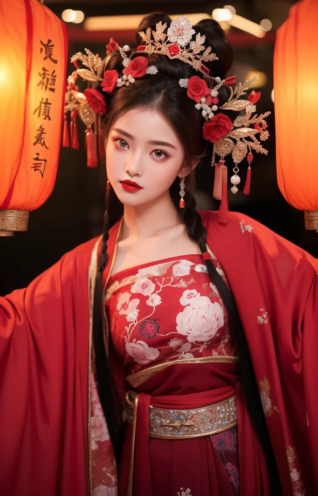 Realistic style，8k quality，Very detailed, Delicate face, Realistic style的照片, Stock Photography ,  Colorful, Surreal, Realistic textures, Dramatic Lighting, Distiller 800  (8K, original photo, Better quality, masterpiece: 1.2), Very detailed, (Extremely delicate skin: 1.2), 8K Ultra HD, SLR camera, Soft Light, high quality， Frozen queen, Queen, Snow Castle，Blue pupils，Wear red lipstick，Dressed in gorgeous Chinese Hanfu