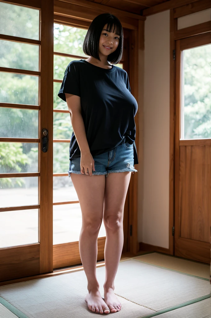 girl, Black A-line bob cut, cute smile girl, (standing), (((oversized gray T-shirt))), denim shorts, barefoot, (((clothed huge breasts, huge breasts, sagging breasts,))), (((looking down))), symmetrical eyes, sitting, full body shot, washitsu, scenery, tatami, sliding doors, indoors, window, Underexpose Lighting,