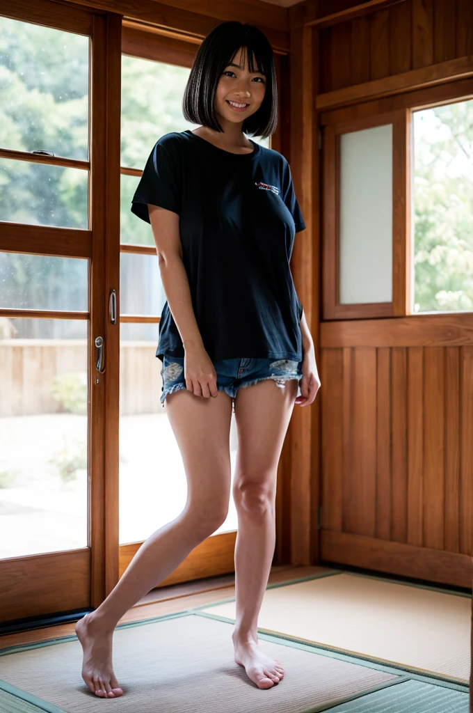  girl, Black A-line bob cut, cute smile girl, (standing), (((oversized gray T-shirt))), denim shorts, barefoot, (((clothed huge breasts, huge breasts, sagging breasts,))), (((looking down))), symmetrical eyes, sitting, full body shot, washitsu, scenery, tatami, sliding doors, indoors, window, Underexpose Lighting,
