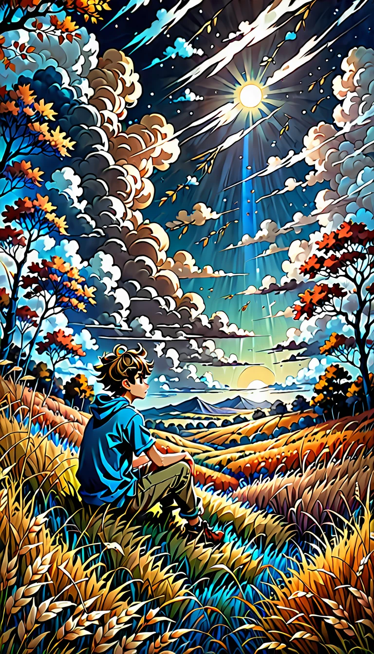 a boy sitting in an autumn meadow, seeing a vast blue sky with dark blue clouds, tall grasses, cloudy sky, makoto shinkai cyril rolando, anime art wallpaper 4k, anime art wallpaper 4k, animated background, anime art wallpaper 8K, animated background art, Anime Landscape Wallpaper, amazing wallpaper, HD wallpaper, 4k anime wallpaper, 4k anime wallpaper, Aries Moross art,art by Bob Byerley , AshleyWoodArtAI, greg rutkowski