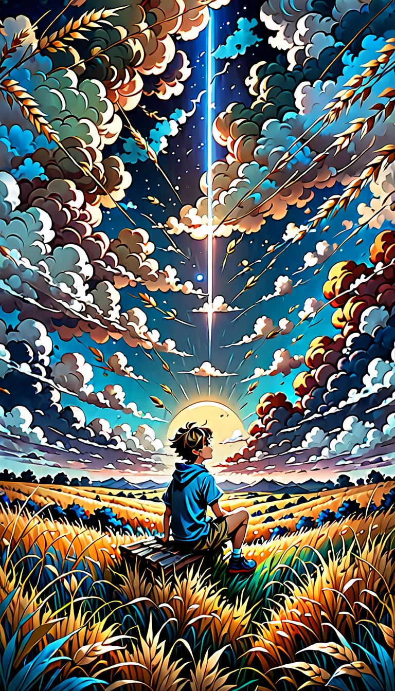 a boy sitting in an autumn meadow, seeing a vast blue sky with dark blue clouds, tall grasses, cloudy sky, makoto shinkai cyril rolando, anime art wallpaper 4k, anime art wallpaper 4k, animated background, anime art wallpaper 8K, animated background art, Anime Landscape Wallpaper, amazing wallpaper, HD wallpaper, 4k anime wallpaper, 4k anime wallpaper, Aries Moross art,art by Bob Byerley , AshleyWoodArtAI, greg rutkowski