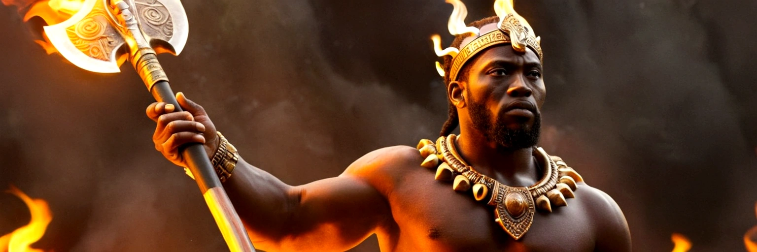 ((Intricate details))), (((highest quality))), (((extreme attention to detail))), (((complex composition))). African god, king of fire warriors, holds a double-bladed ax in his hands. Flames around his body emulate the mysterious atmosphere of cinematic light.