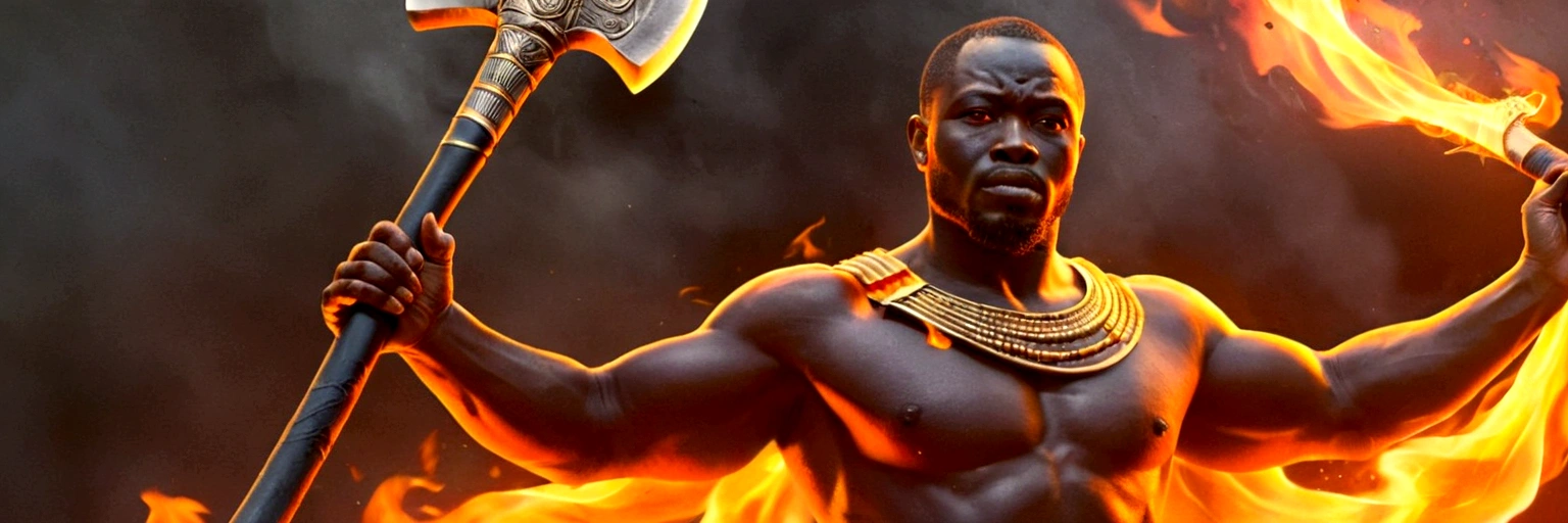((Intricate details))), (((highest quality))), (((extreme attention to detail))), (((complex composition))). African god, king of fire warriors, holds a double-bladed ax in his hands. Flames around his body emulate the mysterious atmosphere of cinematic light.