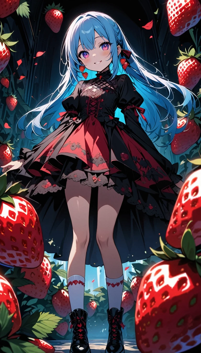 masterpiece, best quality, extremely detailed, (illustration, official art:1.1), 1 girl ,(((( light blue long hair)))), ,(((( light blue long hair)))),light blue hair, ,10 years old,loli, long hair ((blush)) , cute face, big eyes, masterpiece, best quality,(((((a very delicate and beautiful girl))))),Amazing,beautiful detailed eyes,blunt bangs((((little delicate girl)))),tareme(true beautiful:1.2), sense of depth,dynamic angle,,,, affectionate smile, (true beautiful:1.2),,(tiny 1girl model:1.2),)(flat chest),(pastel-red theme:1.3), ((Strawberry Gothic Dress with Strawberry pattern:1.4)), (Strawberry ornament:1.3), (red big ribbon:1.3), (Strawberry earrings:1.2), (white Knee High Socks:1.3),(smile:1.2),(cute pose:1.3),(Eye size:1.5),(high resolution:1.5),(Vibrant color:1.4),(close up of face),(Goth style:1.25),(perspective from below:1.3),(((Strawberry Background)))
