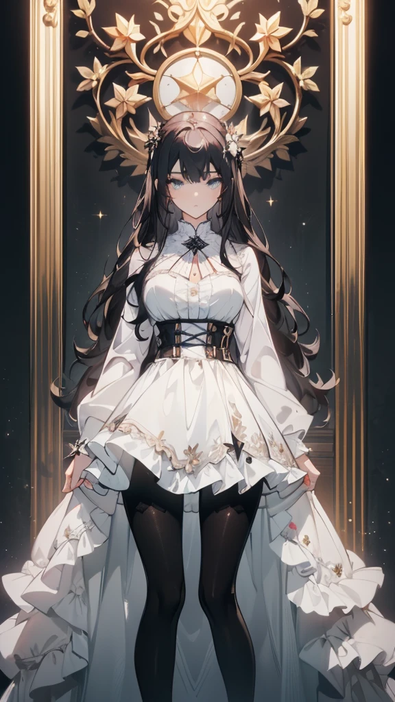 ((masterpiece, best quality)), Delicate face,JK style,Full body painting,Perfect body proportions,Large Breasts,Long legs,((Long wavy hair)), ((Half of her hair is white,The other half is black,Available in two colors)),beautiful eyes,Fantasy style,Extremely beautiful,transparent,Erotic_lingerie,Lace,Pantyhose