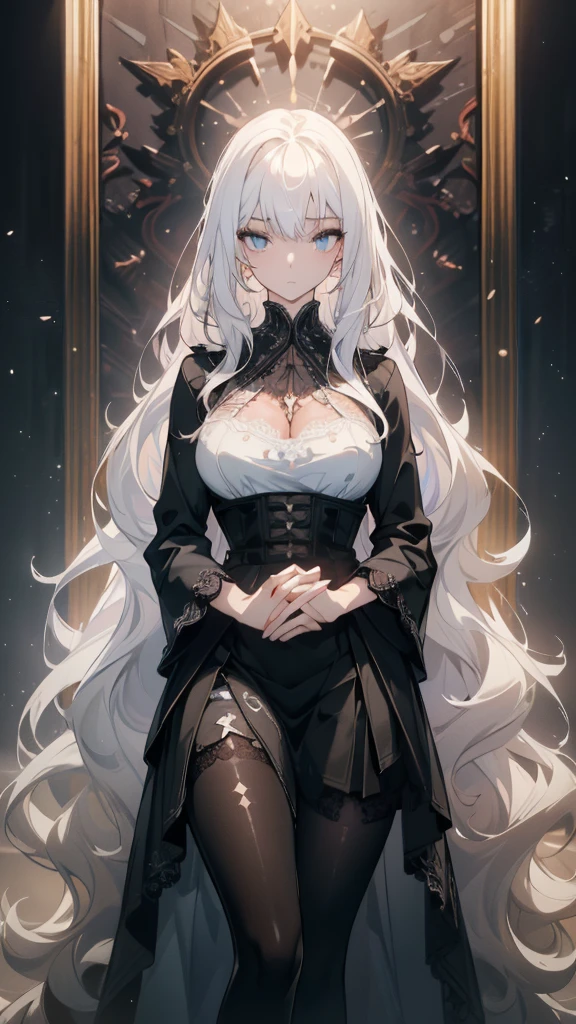 ((masterpiece, best quality)), Delicate face，JK style，Full body painting，Perfect body proportions，Large Breasts，Long legs，((Long wavy hair)), ((Half of her hair is white，The other half is black，Available in two colors))，beautiful eyes，Fantasy style，Extremely beautiful，transparent，Erotic_lingerie，Lace，Pantyhose