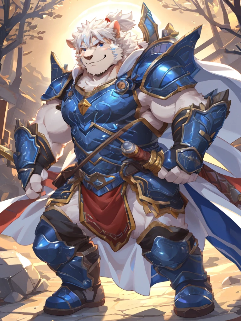 anthro, kemono, male, solo, ((long oval face, very handsome face, thick sideburns)), ((endomorph body type, old-aged)), (high quality, highres, masterpiece), (dynamic lighting, vivid color), (generous smile), cartoon, (((a furry sheep))), (((white fur))), (((shoulder long silky white hair))), (((handsome, slim fit, small face, ikemen))), paladin, (((white sheep))), ((dark blue armor with white cape)), full body, tall, (((white smooth hair))), sword and shield, mature, dad, golden armor, by zixiong, by takemoto arashi, by zixiong, (by null-ghost:0.8), (by t.y.stars:0.4)