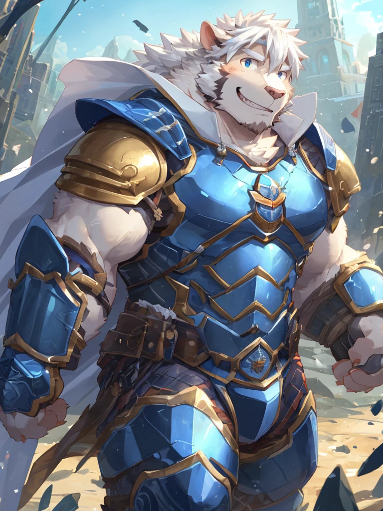 anthro, kemono, male, solo, ((long oval face, very handsome face, thick sideburns)), ((endomorph body type, old-aged)), (high quality, highres, masterpiece), (dynamic lighting, vivid color), (generous smile), cartoon, (((a furry sheep))), (((white fur))), (((shoulder long silky white hair))), (((handsome, slim fit, small face, ikemen))), paladin, (((white sheep))), ((dark blue armor with white cape)), full body, tall, (((white smooth hair))), sword and shield, mature, dad, golden armor, by zixiong, by takemoto arashi, by zixiong, (by null-ghost:0.8), (by t.y.stars:0.4)