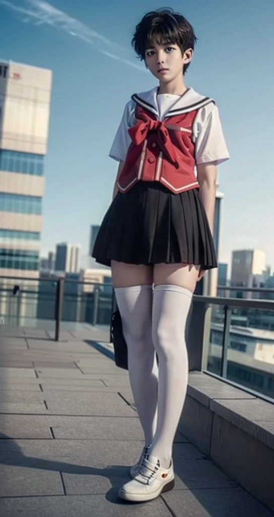 1 little boy，Shota，No makeup，short hair，Cover your skirt with your hands，Male characteristics，Unique的，face to face audience，full-body shot，Red JK，miniskirt，White pantyhose，Sailor Suit，Unique ，roof，City background，Rooftop，8K，Princess shoes，Male physiognomy