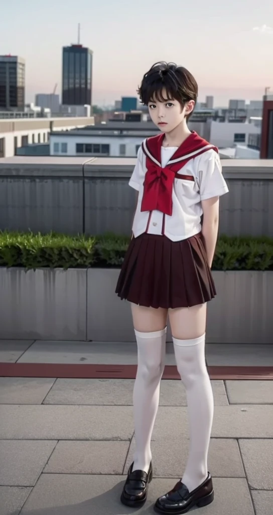 1 little boy，Shota，No makeup，short hair，Cover your skirt with your hands，Male characteristics，Unique的，face to face audience，full-body shot，Red JK，miniskirt，White pantyhose，Sailor Suit，Unique ，roof，City background，Rooftop，8K，Princess shoes，Male physiognomy