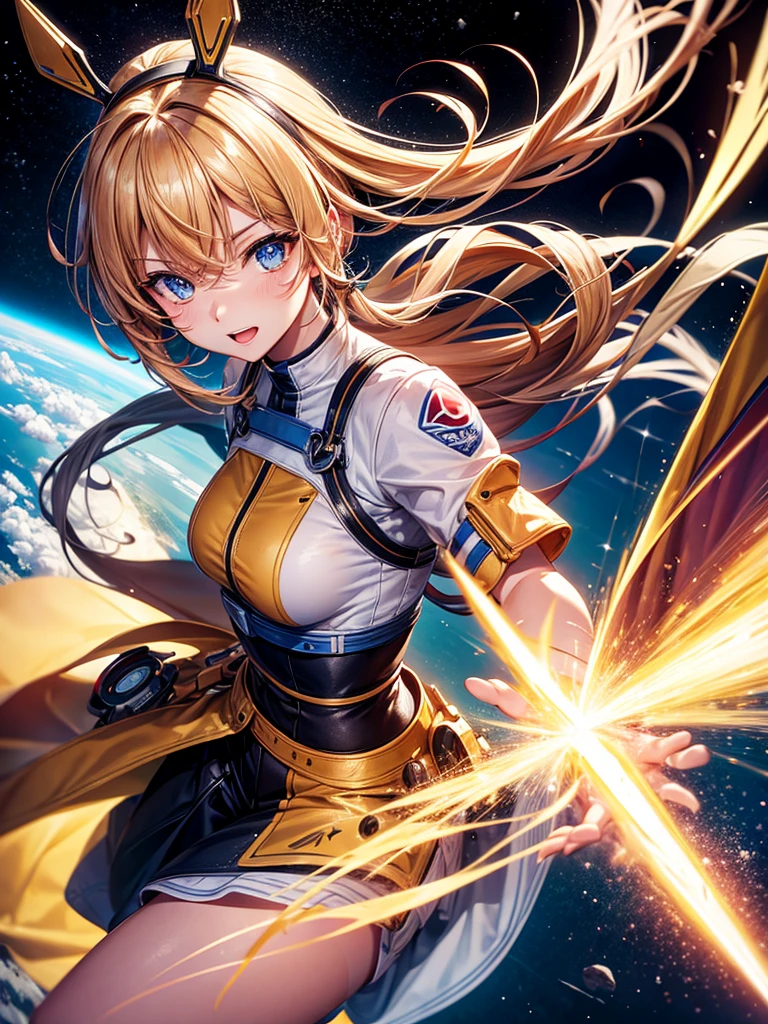 Highest quality,Highest Resolution,A beautiful android girl flying in space,Earth in the background,Equipped with cutting-edge technology,