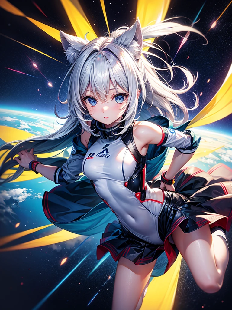 Highest quality,Highest Resolution,A beautiful android girl flying in space,Earth in the background,Equipped with cutting-edge technology,