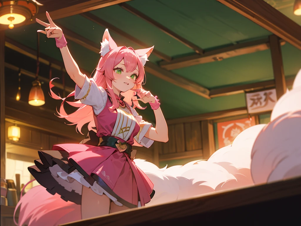 kitsune idol in a tavern, foxgirl, pink fox ears, pink fox tails, pink hair, green eyes, light blue idol dress, tavern background, high quality, masterpiece