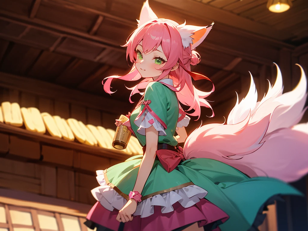 kitsune idol in a tavern, foxgirl, pink fox ears, pink fox tails, pink hair, green eyes, light blue idol dress, tavern background, high quality, masterpiece