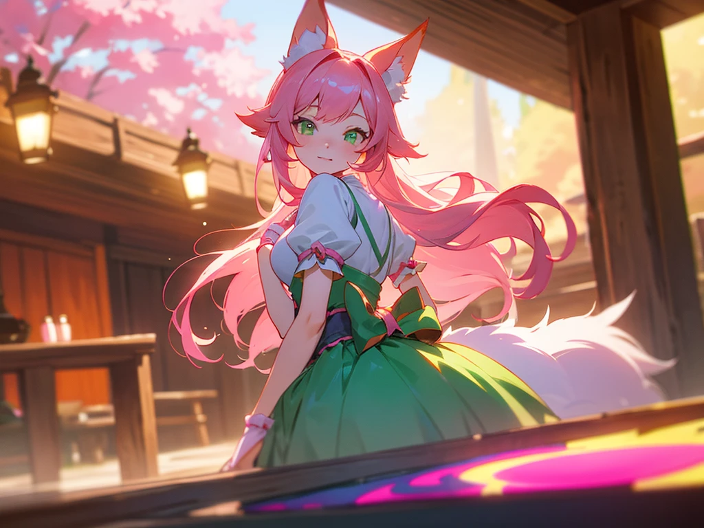 kitsune idol in a tavern, foxgirl, pink fox ears, pink fox tails, pink hair, green eyes, light blue idol dress, tavern background, high quality, masterpiece