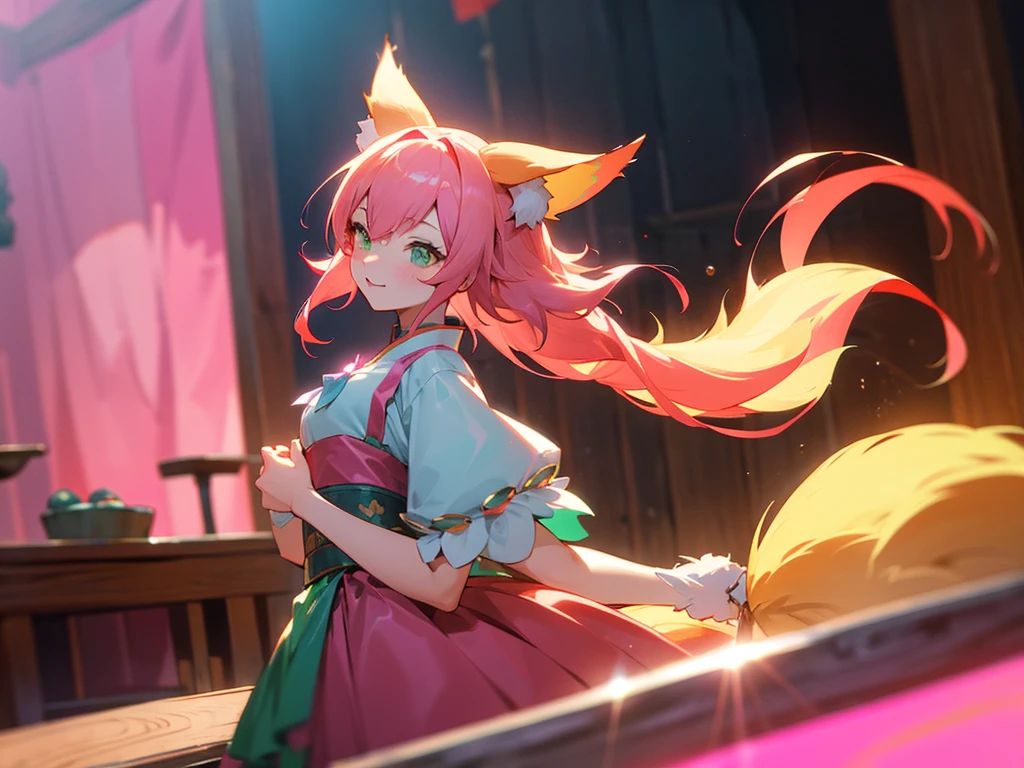 kitsune idol in a tavern, foxgirl, pink fox ears, pink fox tails, pink hair, green eyes, light blue idol dress, tavern background, high quality, masterpiece