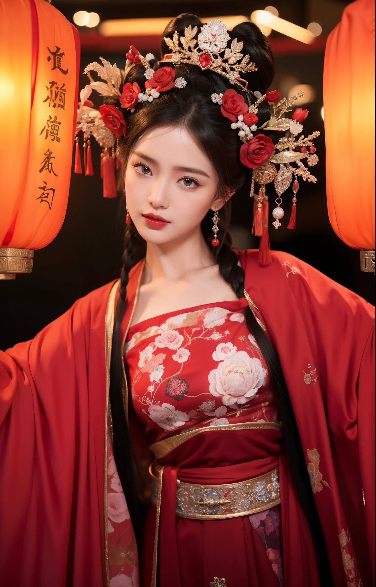 Realistic style,8k quality,Very detailed, Delicate face, Realistic style的照片, Stock Photography , Colorful, Surreal, Realistic textures, Dramatic Lighting, Distiller 800 (8K, original photo, Better quality, masterpiece: 1.2), Very detailed, (Extremely delicate skin: 1.2), 8K Ultra HD, SLR camera, Soft Light, high quality, Frozen queen, Queen, Snow Castle,Blue pupils,Wear red lipstick,Dressed in gorgeous Chinese Hanfu