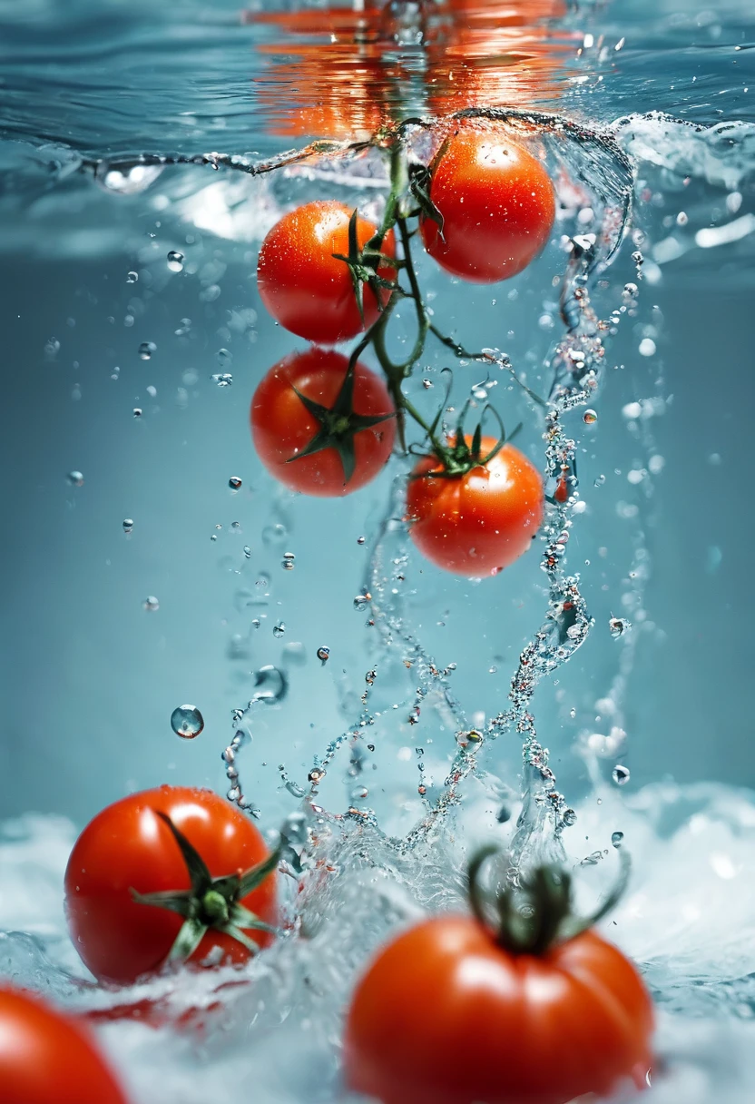 salat with tomatoes, splash water, flashing particles , depth of field, clean background, made of ral-vlntxplzn 