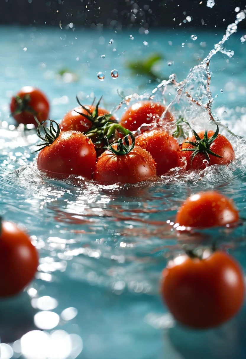 salat with tomatoes, splash water, flashing particles , depth of field, clean background, made of ral-vlntxplzn 