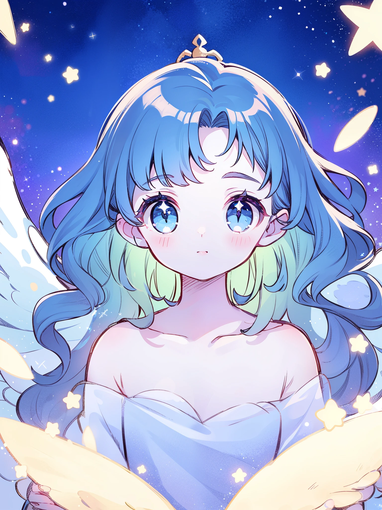 nude angel girl wearing an ethereal translucent dress, pale skin, ((blue mint wavy hair)), white feathers, angel wings, sparkling detailed eyes, golden ratio face, perfect composition, highly detailed, ethereal, (starry night sky background), midjourney style
