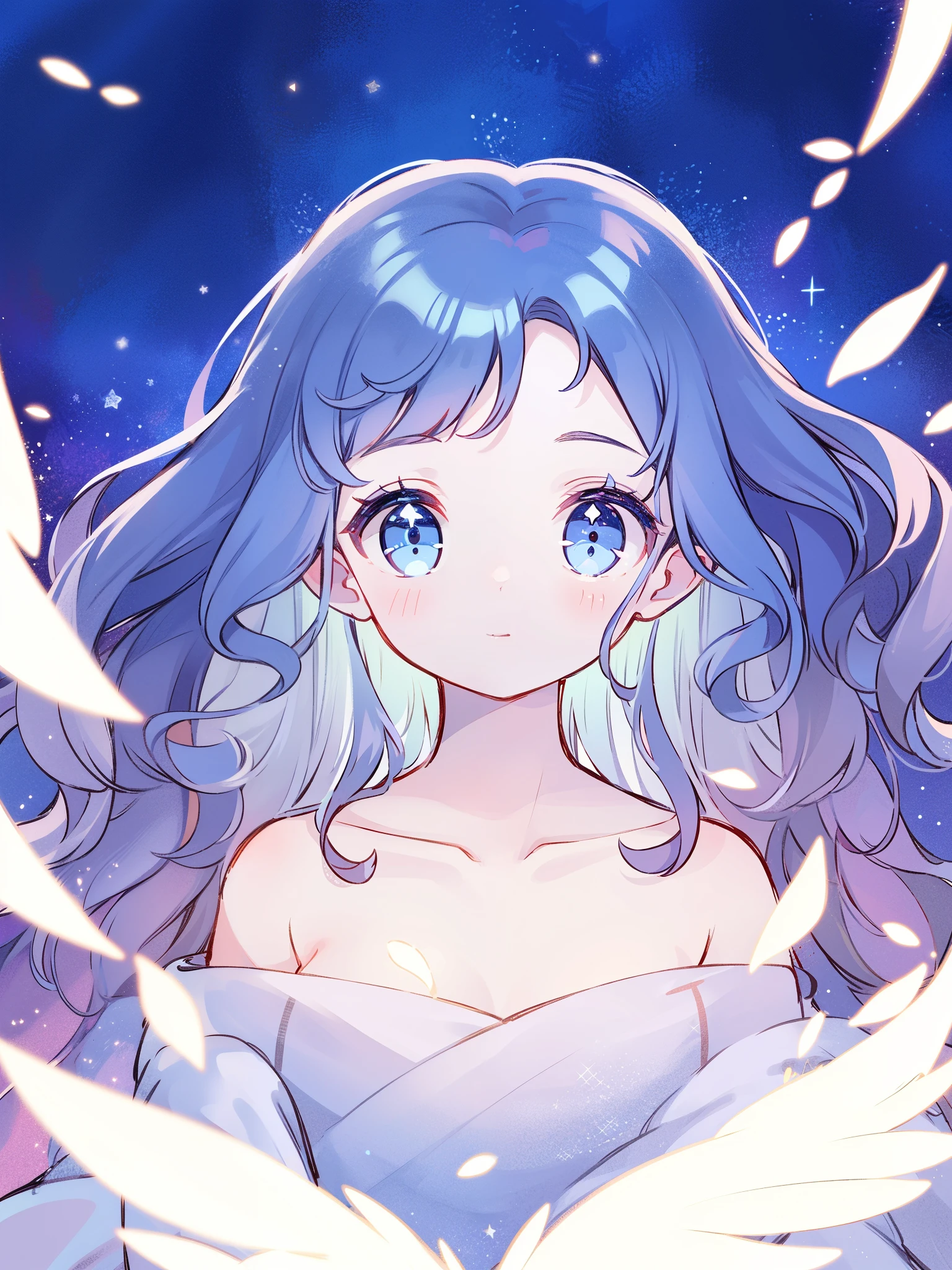 nude angel girl wearing an ethereal translucent dress, pale skin, ((blue mint wavy hair)), white feathers, angel wings, sparkling detailed eyes, golden ratio face, perfect composition, highly detailed, ethereal, (starry night sky background), midjourney style