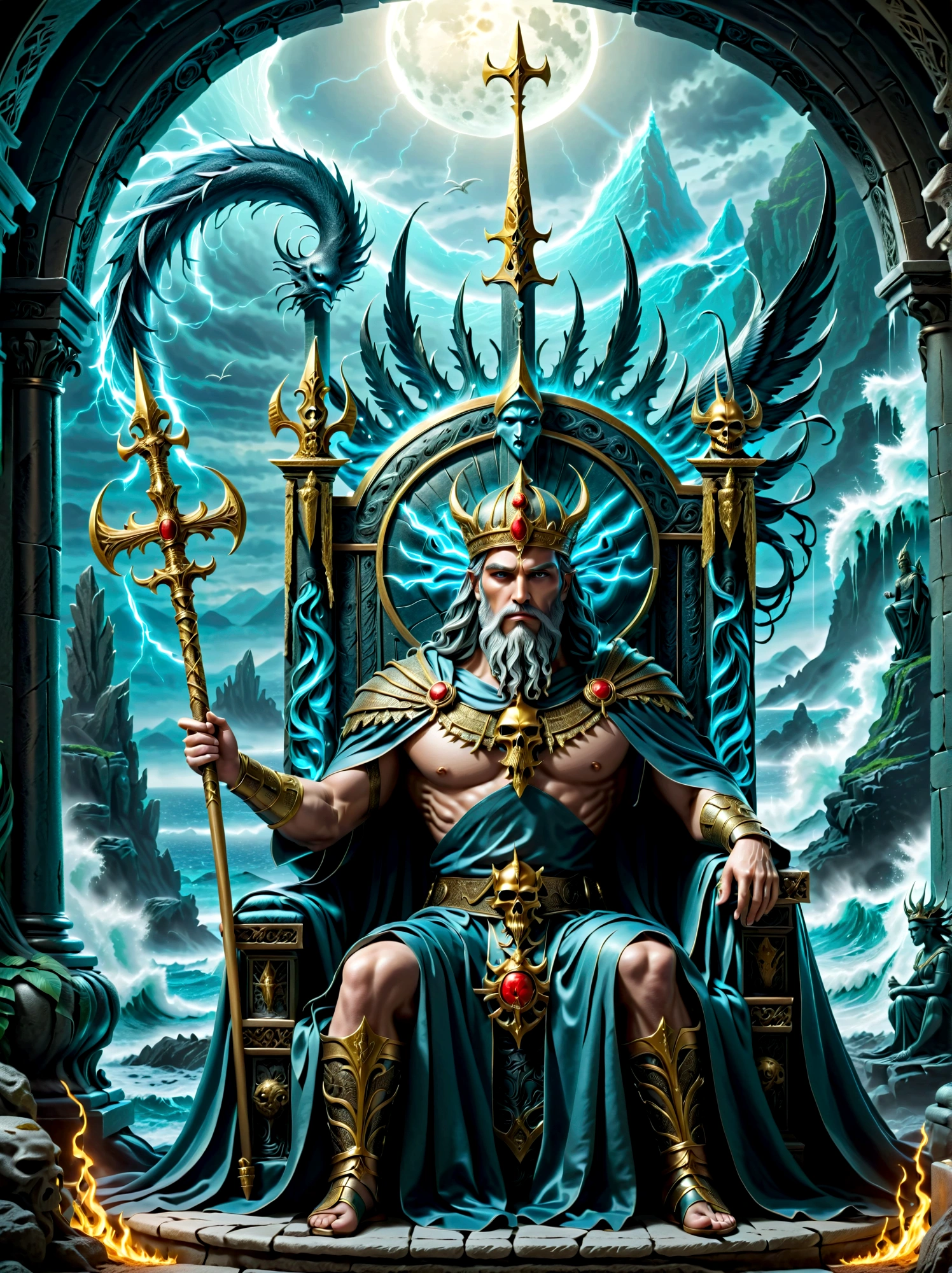 An extremely detailed and hyper-realistic image of an ancient mythological figure who is ruler of the underworld, seated regally on his dark, majestic throne. This mystical figure, characterized by his sigil of attributes connected with death, is clutching a trident, a symbol customarily associated with the deity of the sea. The underworld environment around him is sinister yet captivating, with the throne room depicting dramatic interpretations of greek mythology