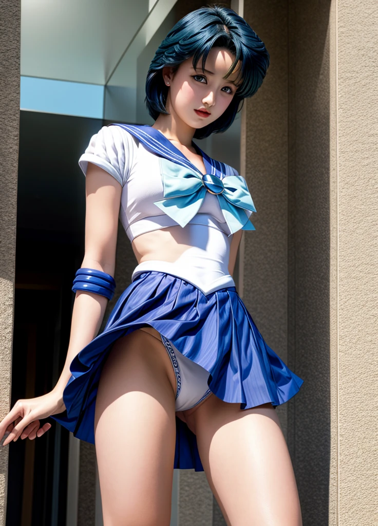 (bestquality:1.4), highres, masterpiece, 10, ultra-detail, intricate detailed,1girls,Sailor Mercury.Lifting skirt, white panties