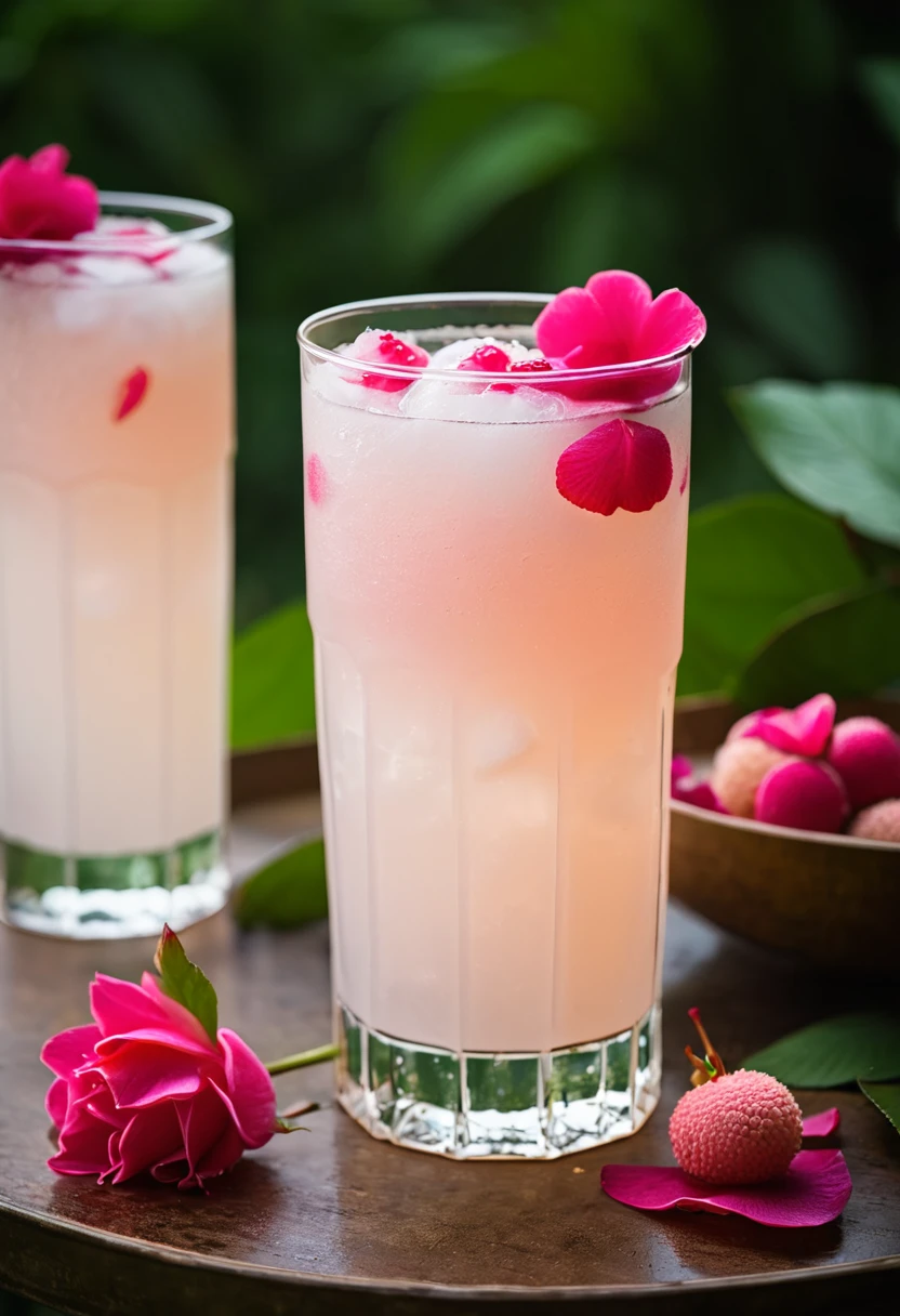 RAW photo, lychee rose cooler, hot summer day, food photo, DSLR, fresh lychee and rose petals garnish, soft lighting, high quality, film grain, Fujifilm XT