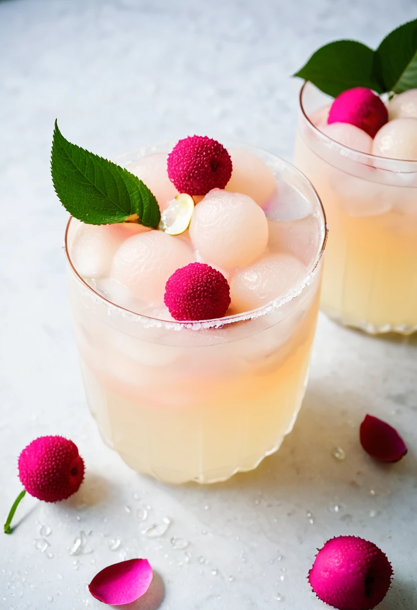 RAW photo, lychee rose cooler, hot summer day, food photo, DSLR, fresh lychee and rose petals garnish, soft lighting, high quality, film grain, Fujifilm XT