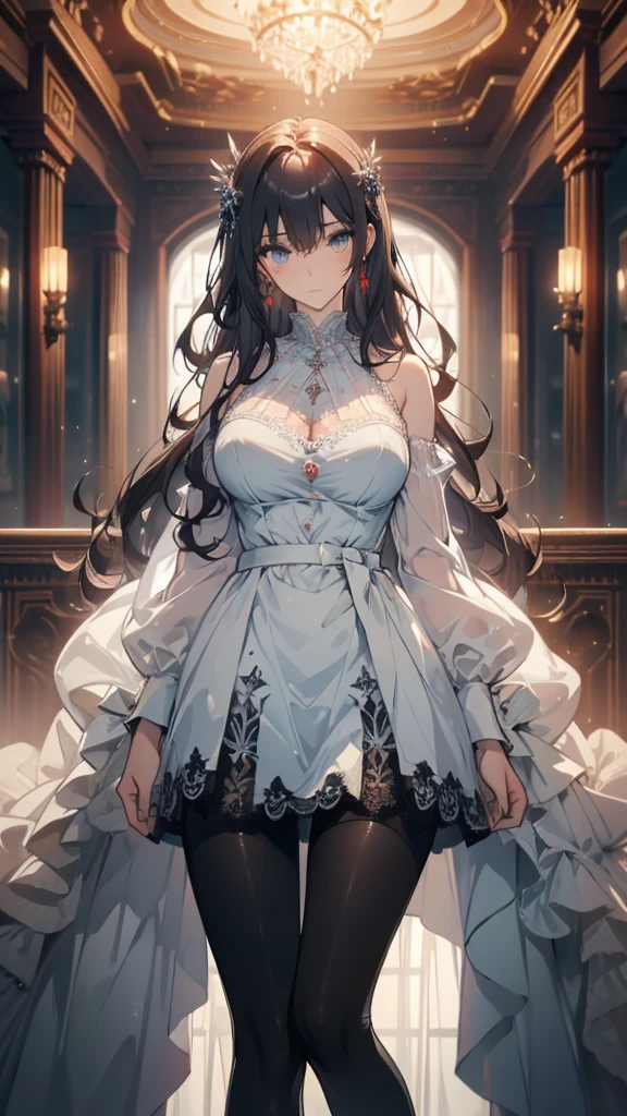 ((masterpiece, best quality)), Delicate face,JK style,Perfect body proportions,Large Breasts,Long legs,Long wavy hair,beautiful eyes,Fantasy style,Extremely beautiful,transparent,Erotic_lingerie,Lace,Pantyhose