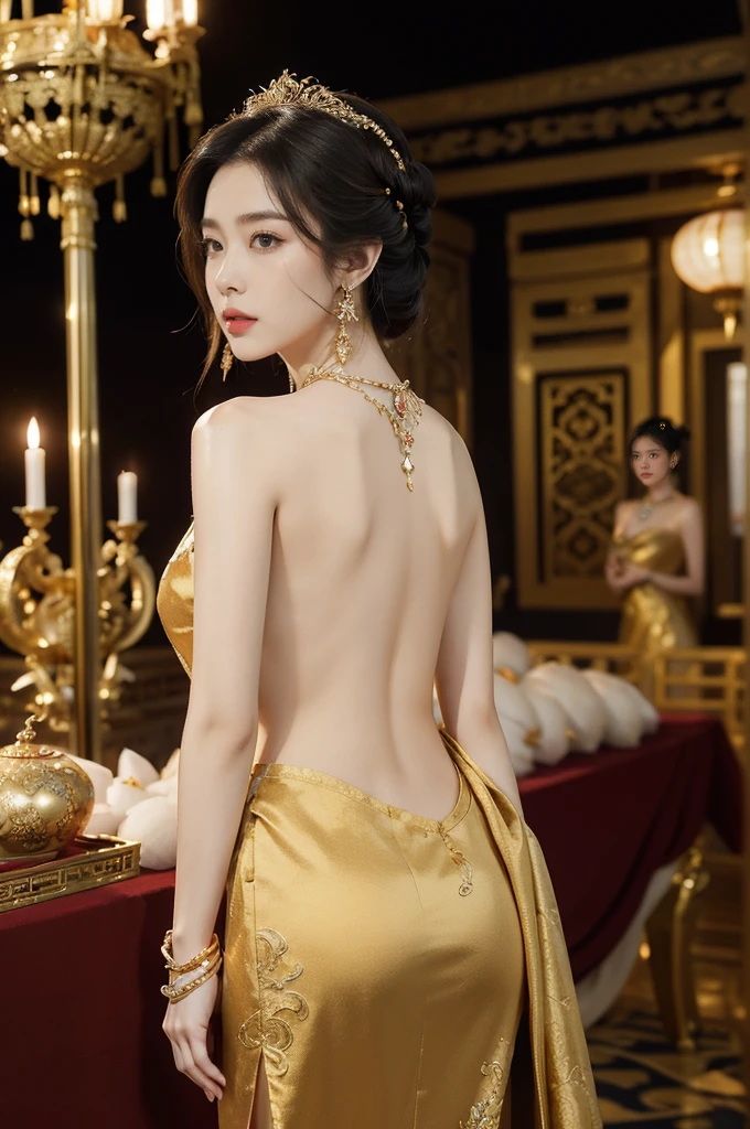 (((best quality))),(((ultra detailed))),(((masterpiece))),illustration,1 girl,solo,slim,thin,shoulder length straight bob hair,earrings,necklace,Asian appearance,princess,royal,Chinese palace,night scene,magnificent dragon gown,golden crown,intricate embroidery,luxurious fabric,precious stones,metallic throne,decorative patterns,rich decorations,luxurious furnishings,regal charm,beautiful face,gentle smile,bright eyes,historical,traditional,city lights,modernity,frozen moment,beauty of the past,evolution of time,from back,upper body,standing,((bare back,towering hips,butt crack))