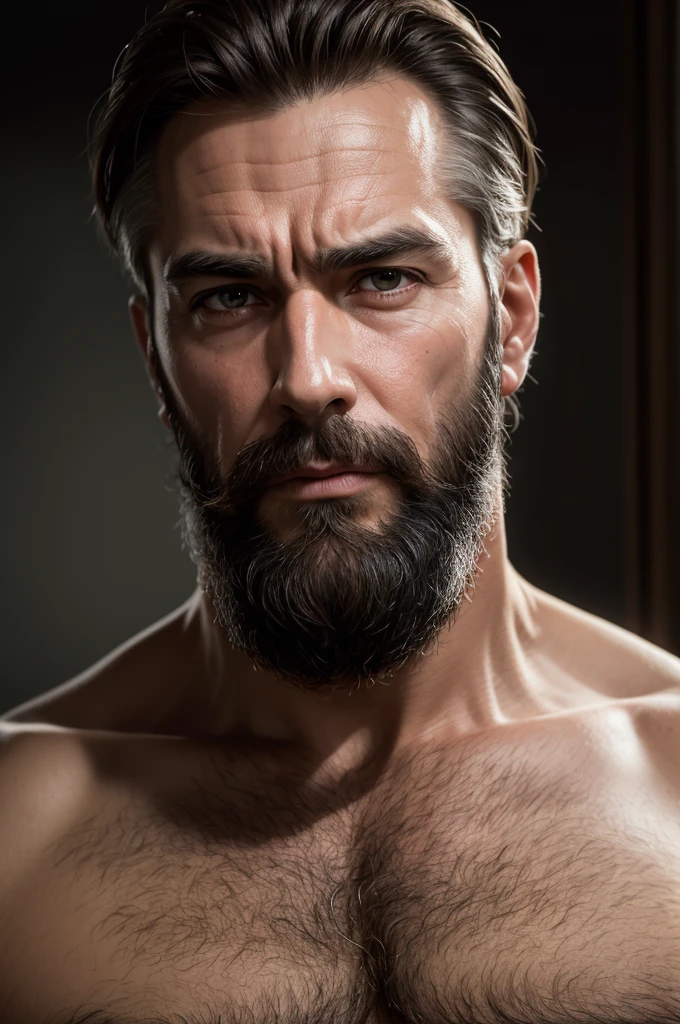 Mature male, little bearded, half-breasted, frowning,4k, high-res, masterpiece, best quality, sharp focus, (cinematic lighting), collarbone, [:(detailed face:1.2):0.2], strong, sexy