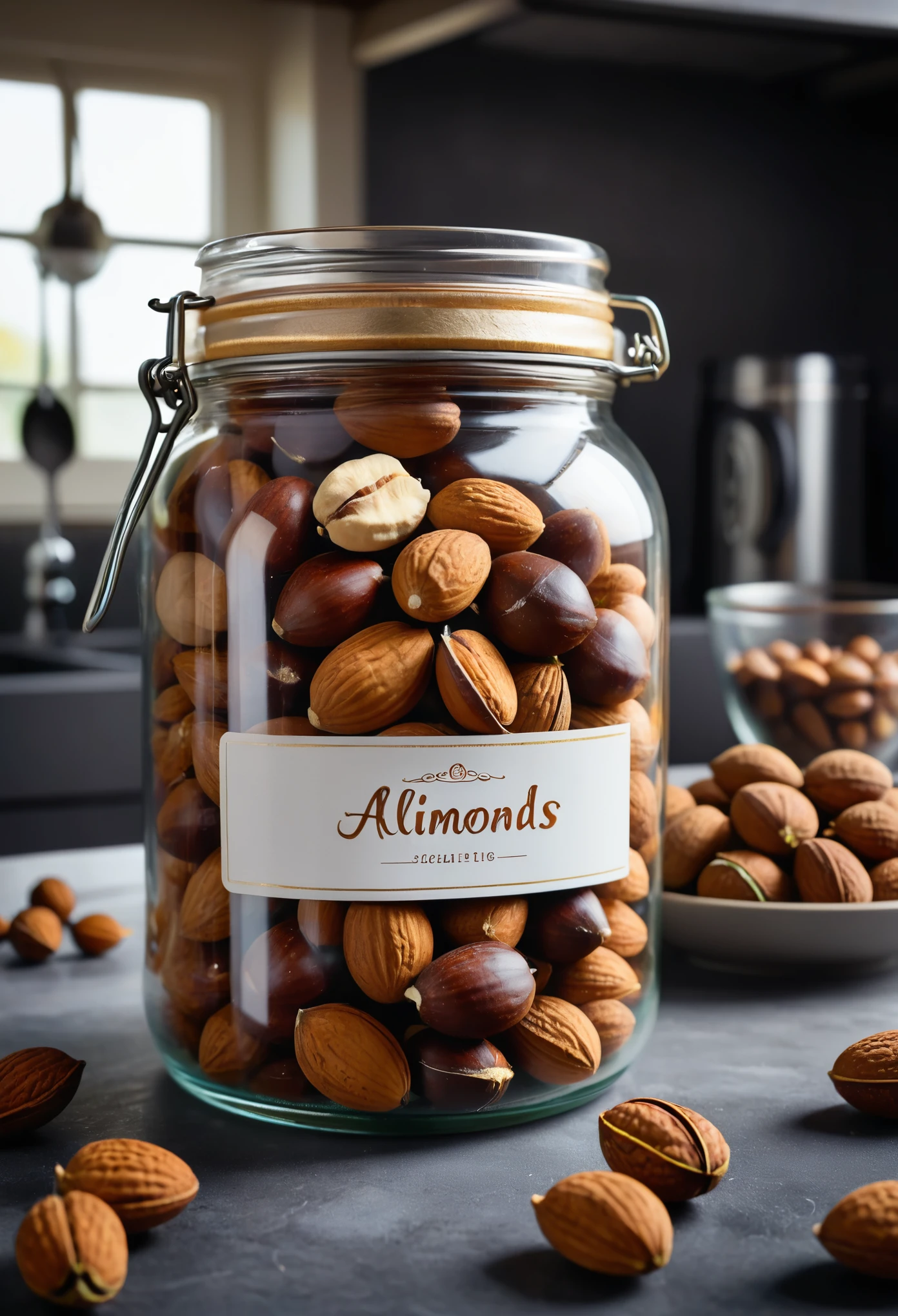 masterpiece, professional photography, close-up of a mixture of nuts (almonds, hazelnuts, walnut) in a large glass jar, kitchen (kitchen details), (cinematic lighting:1.5), dramatic, amazing depth of field,
shot on Lumix GH5 (cinematic bokeh, dynamic range, vibrant colors)