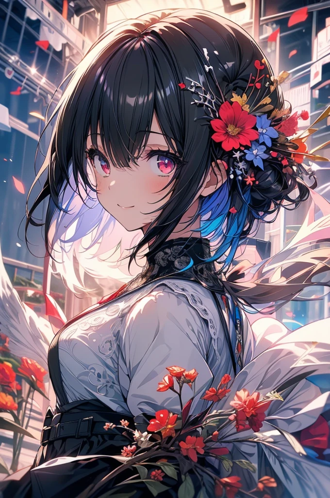 (masterpiece, highest quality, highest quality, (No text), Beautiful and aesthetic:1.2),No text,アニメ、 high resolution　BREAK,One Girl，Short black hair　Tree Eyes　Beautiful eyes　Red eyes　Beautiful girl　cool　smile　Black Coat　mini skirt　profile　Night view　Detailed eyes and face