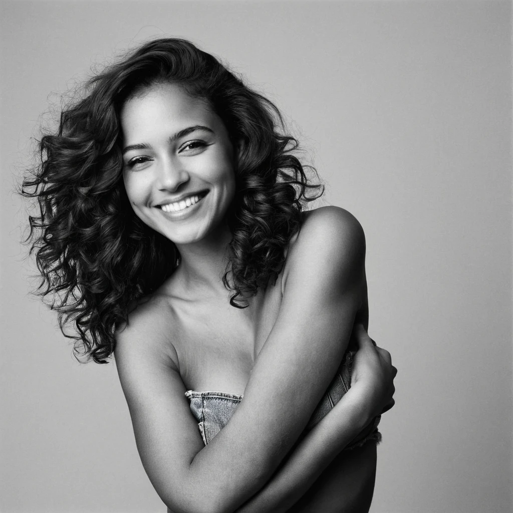 A black and white photograph of a young woman posing in profile. She is topless, wearing only jeans, with her head tilted back and dark wavy hair falling freely. Her expression is joyful with a wide smile. The background is completely white, highlighting her figure with soft, even lighting. Her arms are crossed over her chest, creating a dynamic and expressive pose. The image conveys , confidence, and joy