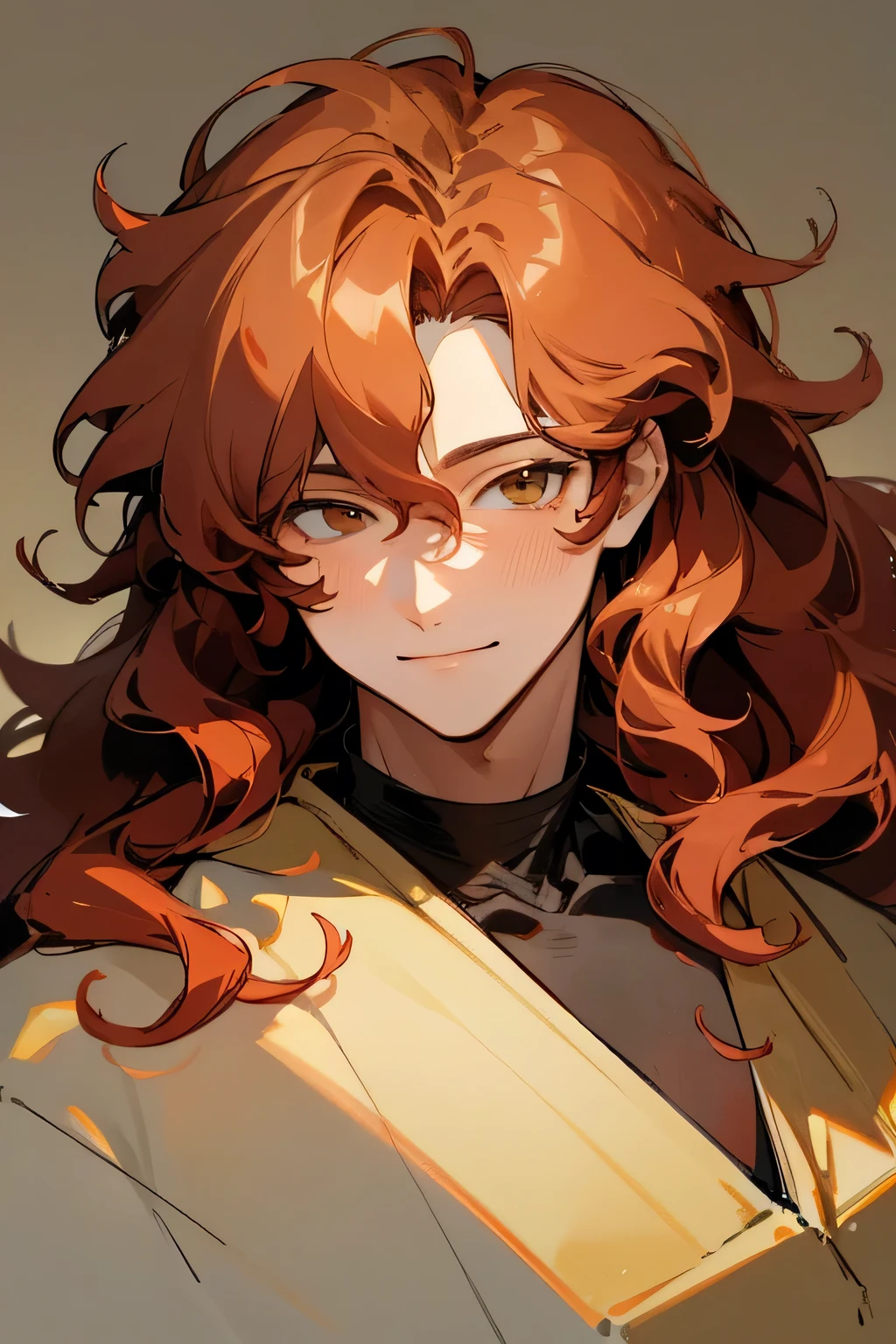 man Messy red wavy hair, soft look, man, stunning anime face portrait, looking to nothing, smile thinly, manly, bright warm GOLDEN YELLOW high detailed thin eyes, grayard grey background, high detailed shadow