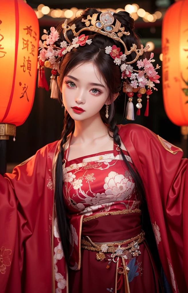 Realistic style,8k quality,Very detailed, Delicate face, Realistic style的照片, Stock Photography , Colorful, Surreal, Realistic textures, Dramatic Lighting, Distiller 800 (8K, original photo, Better quality, masterpiece: 1.2), Very detailed, (Extremely delicate skin: 1.2), 8K Ultra HD, SLR camera, Soft Light, high quality, Frozen queen, Queen, Snow Castle,Blue pupils,Wear red lipstick,Dressed in gorgeous Chinese Hanfu,Chinese characters written on lanterns(Night Tour of Tengwang Pavilion)