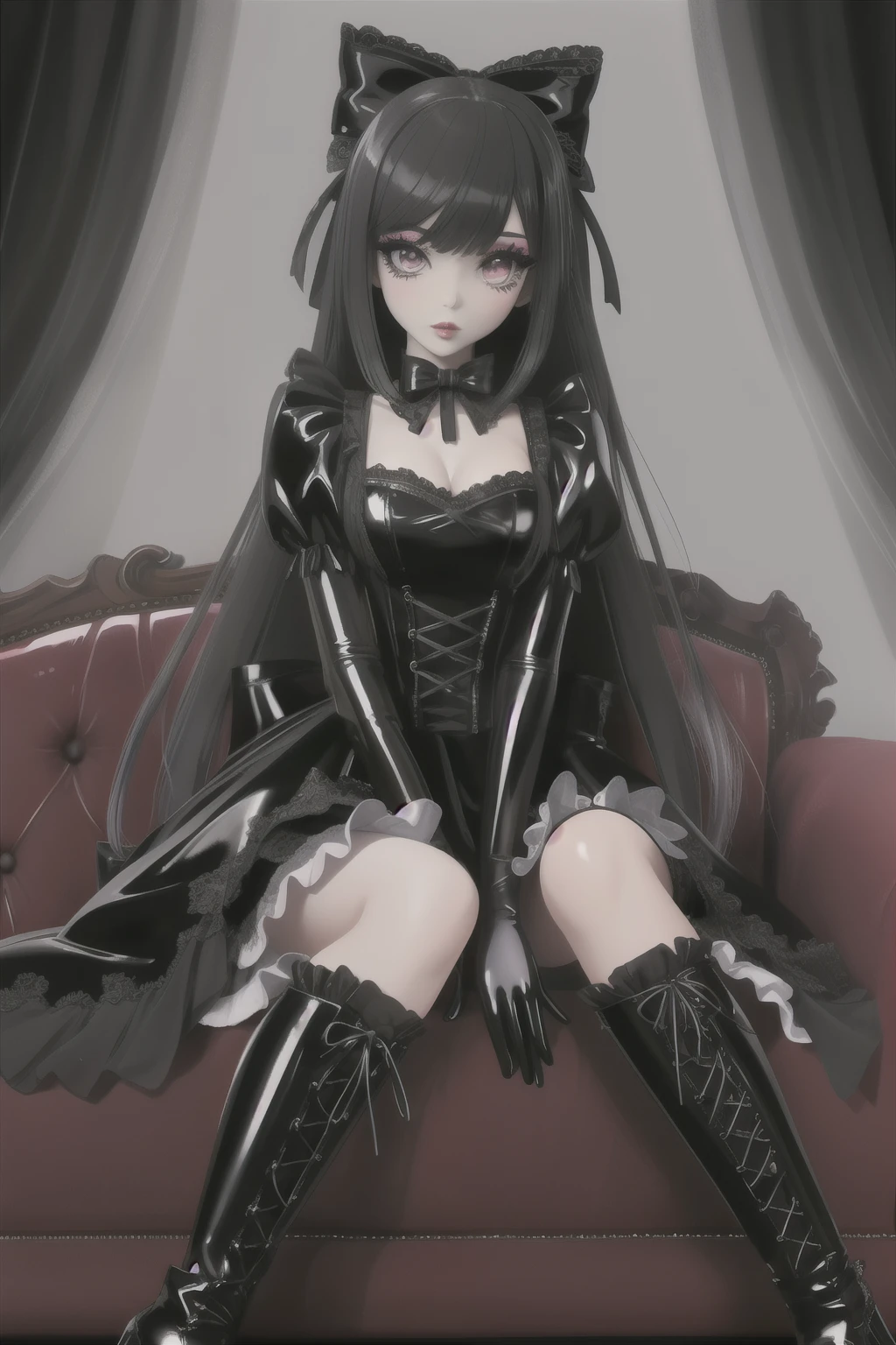 (gothic, gothic lolitafashion, dark persona:1), (corrupted dark magical girl, long hair:1.2), (gothic frilly lolitafashion dress:1.2), (latex gloves, multilayered dress:1), (shiny glossy translucent clothing, gleaming oily latex fabric:1.1), backlight, (gothiclolita boots, shoes focus, fishnet stockings:1.2), (many frills, big bow, lace:1.3), (glossy lips, eyeshadow, mascara, dark makeup:1.2), (sitting on latex sofa:1.3), (gloomy:1.1),