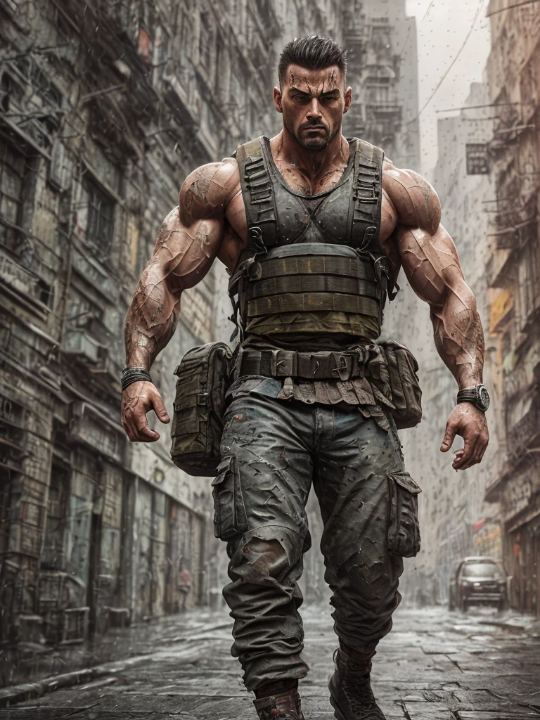 strong muscular man, street angry, backpack, epic realistic, photo, faded, complex stuff around, intricate background, soaking wet, neutral colors, ((((hdr)))), ((((muted colors)))), intricate scene, artstation, intricate details, vignette