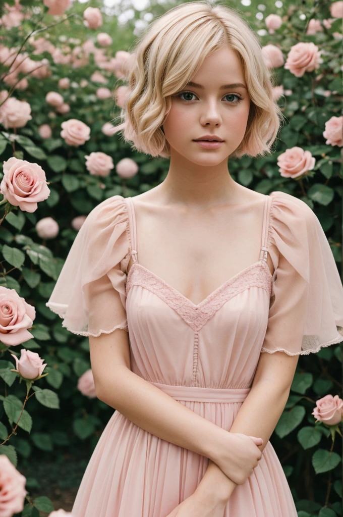 8k, photo and gross, fujifilm, Style photography of a beautiful young girl like Avril in a light pink rose garden. (very detailed skin: 1.2) Style-Petal BREAK short hair, blonde hair with colored highlights, wearing a dress, film grain, 35mm, beautiful style