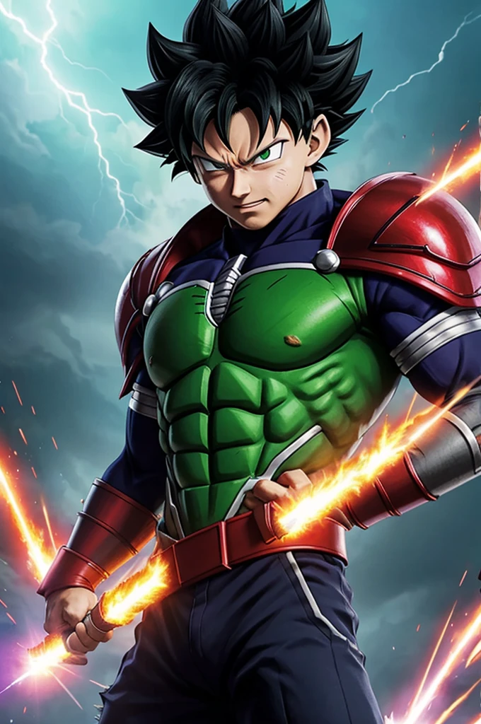 I want you to make Izuku Midoriya from My Hero Academia in full body and half profile as a Saiyan with spiky black hair and ruby red eyes., with dark gray Frieza army armor without shoulder pads(like vegeta in the namek sqga), and with a suit of red expandex fabric that reaches to his shoulders under Frieza's army armor. , a light brown monkey tail, His hair was black and spiky with a strand falling over his face., and well-developed muscles(without excess) while making the peace sign, and I want you to do it in 90s anime style