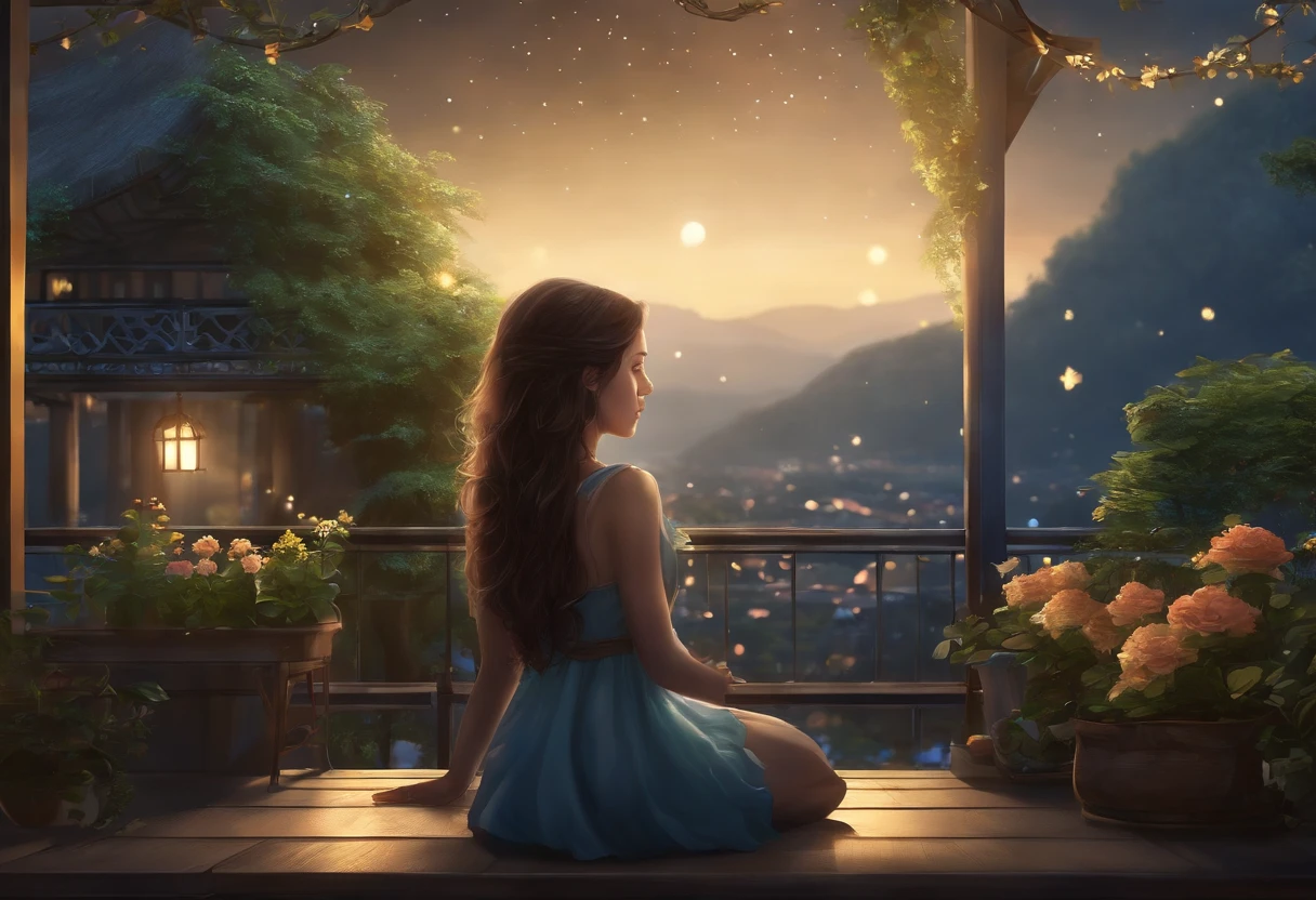 best quality, Masterpiece, very detailed, Detailed background, anime, 1 girl, young girl, short girl, sci-fi, science fiction, outdoor, nighttime, starry sky, Greenhouse, large structure, Biodome, terrain, view, horizon, rooftop, sitting on rooftop, wind, look away, Atmosphere light, Focus only, close up, from the side, depth of field, Bokeh, Thai house, golden teak, big tree with branches, flowers, black, white, yellow, light blue, light blue. There are people, women, beautiful women. See Jane's face clearly