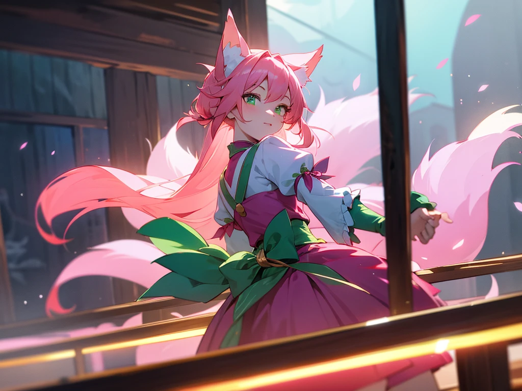 kitsune idol in a tavern, foxgirl, pink fox ears, pink fox tails, pink hair, green eyes, light blue idol dress, tavern background, high quality, masterpiece