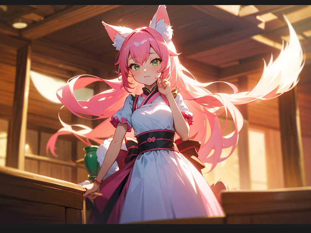 kitsune idol in a tavern, foxgirl, pink fox ears, pink fox tails, pink hair, green eyes, light blue idol dress, tavern background, high quality, masterpiece