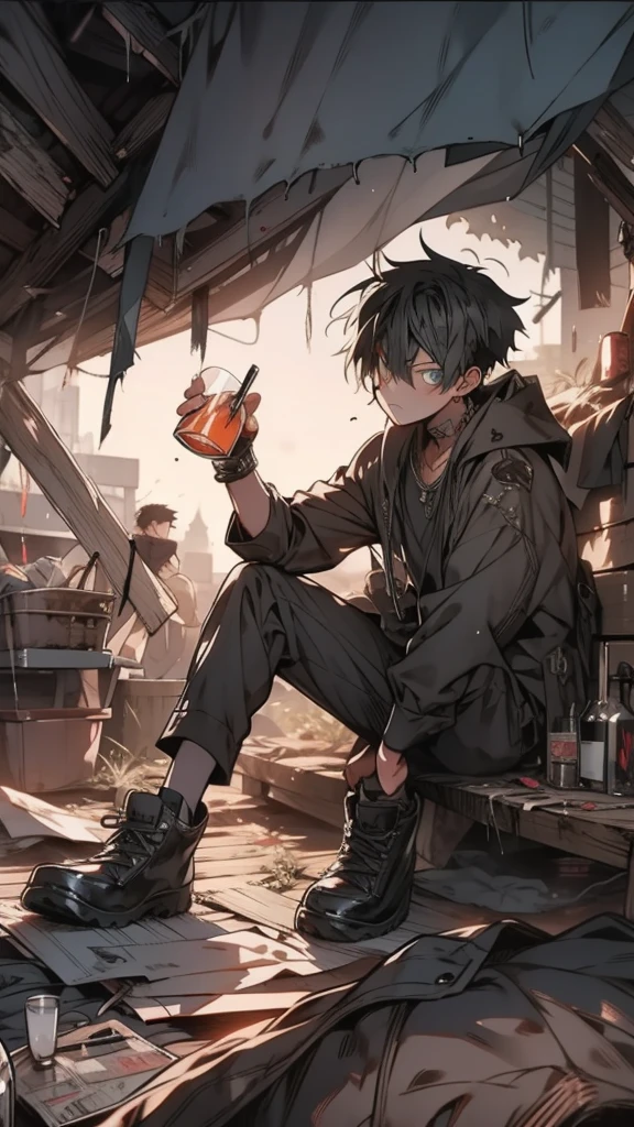 Boy, A brooding figure lounging in an urban hideaway made of tattered tarps, sipping on aged whiskey, surrounded by the soft glow of twilight seeping through the fabric. Muted colors, introspective mood, casual pose, abasterpiece)), ((best quality)), ultra detailed,((illustration)), dynamic angle, detailed light, (delicate eyes), (ahoge:0.8),apathy, ray，frontage，style of anime4 k， 4k anime wallpaper， badass anime 8 k， 4 k comic wallpaper