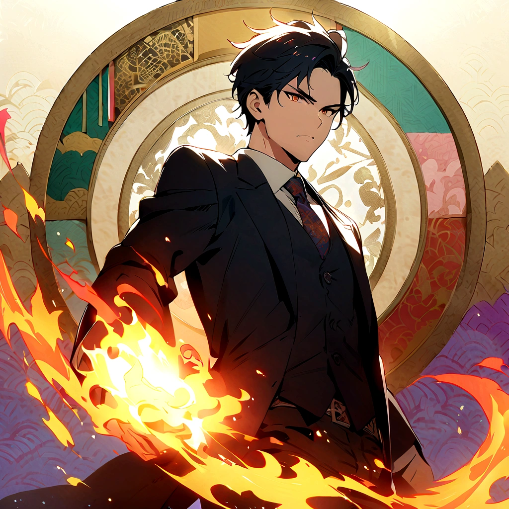 (best quality), oriental detailed background, one man wearing a black suit has flame power