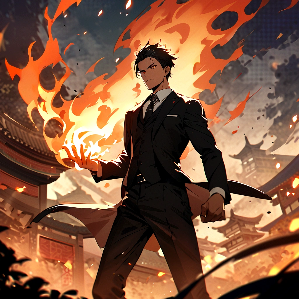 (best quality), oriental detailed background, one man wearing a black suit has flame power