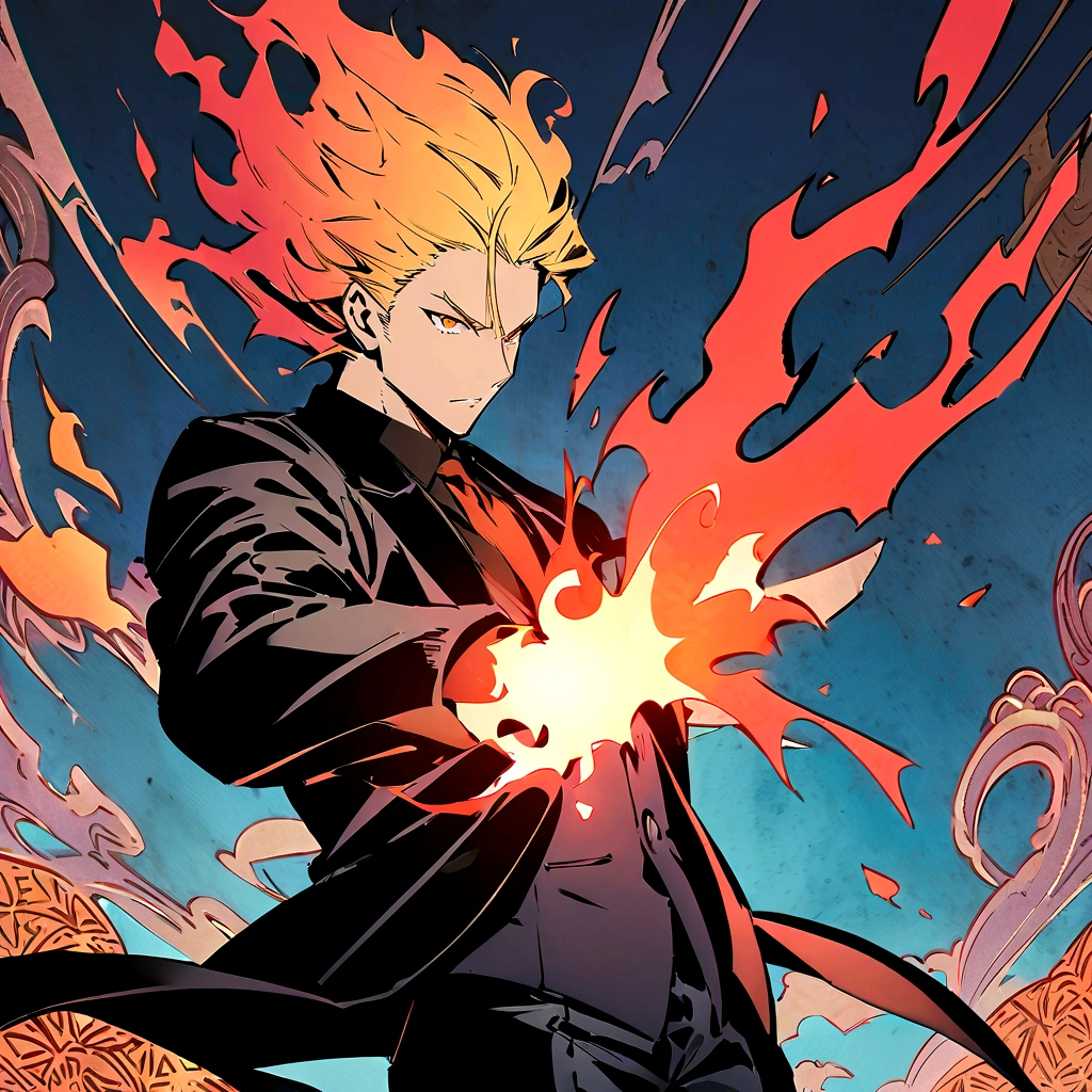 (best quality), oriental detailed background, one man wearing a black suit has flame power