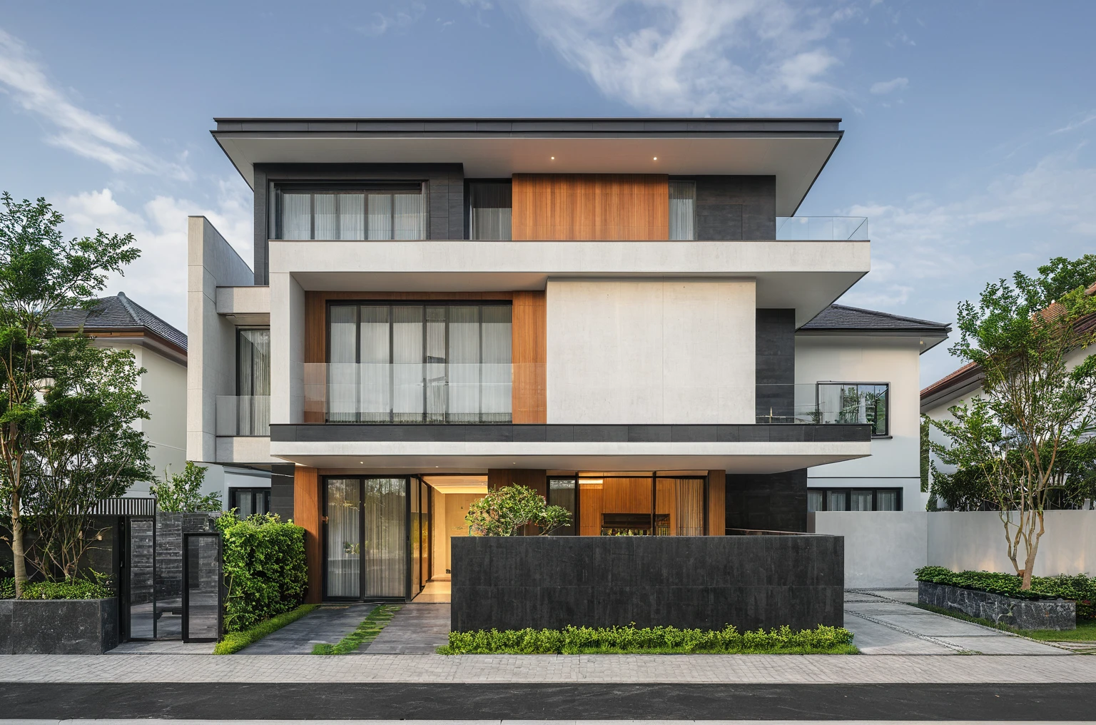 modern villa on street, (daylight), tropical tree, (slope roof, black tiled roof:1.2), vivid color, streetcapes, nice sky, grey tone, large glass door, warm interior lighting, modern material, best quality, ultra realistic, masterpiece, 17ArchiAI_XL_VL-v1
